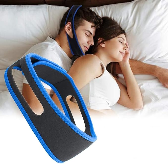 Side view of anti-snoring jaw support strap showing comfortable fit around face and ears