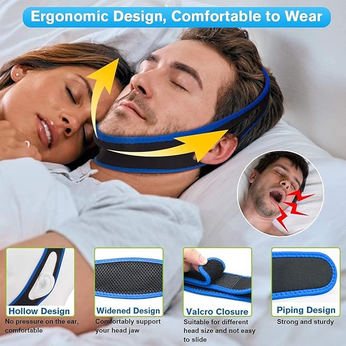 Adjustable velcro strap on anti-snoring chin support — close-up view of secure fastening mechanism