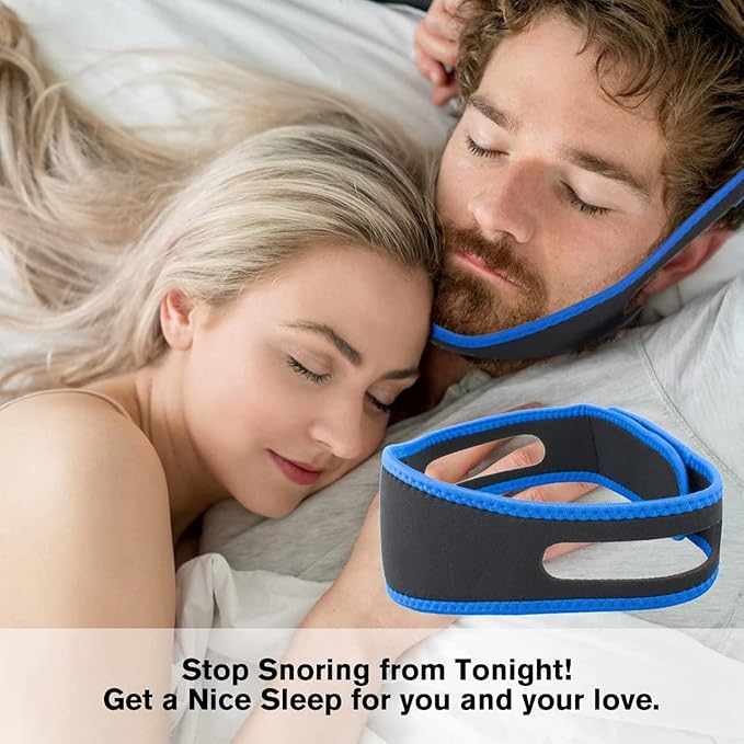 Anti-snoring chin strap on model demonstrating proper wearing position for nighttime snore relief