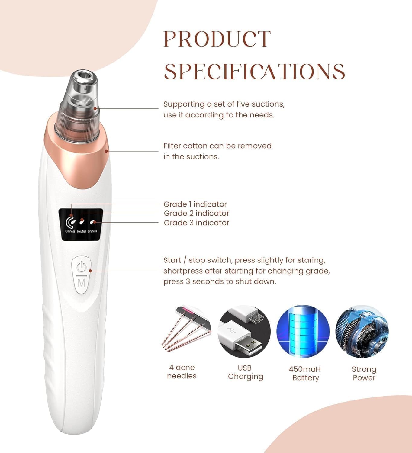 LCD screen on blackhead remover showing suction level and battery status — electronic display detail