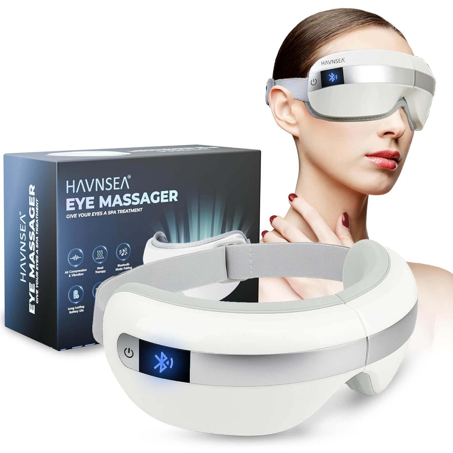 Five massage modes on eye massager sleep mask — heat vibration compression and music settings shown
