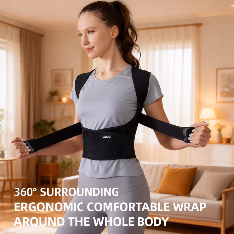 Adjustable chest strap on posture corrector — 30 to 50 inch fit range for universal sizing