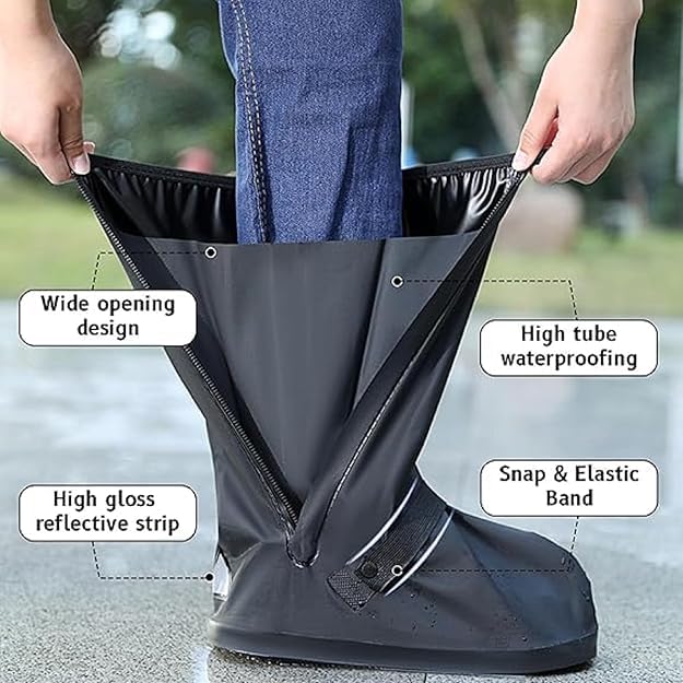 Elastic cuff and drawstring closure on rain shoe covers — secure ankle fit preventing water entry