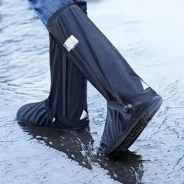Waterproof shoe cover folded compactly — portable design fitting into included carry pouch for travel